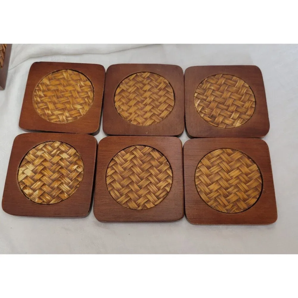 Coasters w/Caddy Vintage Set of 6 Wood Wicker Bamboo Teak 1970s barware GUC